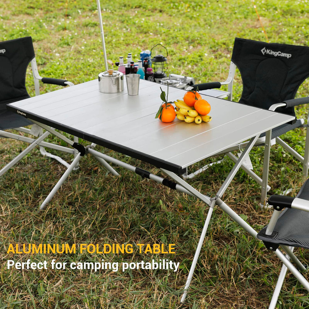 KingCamp table aluminum top closeup highlights a seamless surface for stable meals.