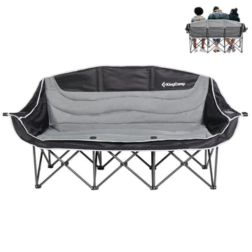 KingCamp three-person camping chair setup: spacious seating for family camping, shared comfort.
