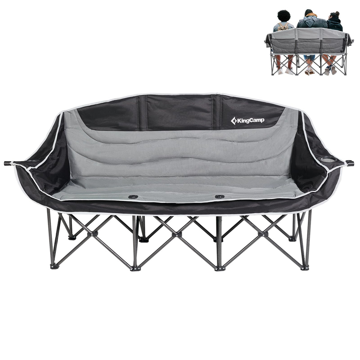 KingCamp three-person camping chair setup: spacious seating for family camping, shared comfort.