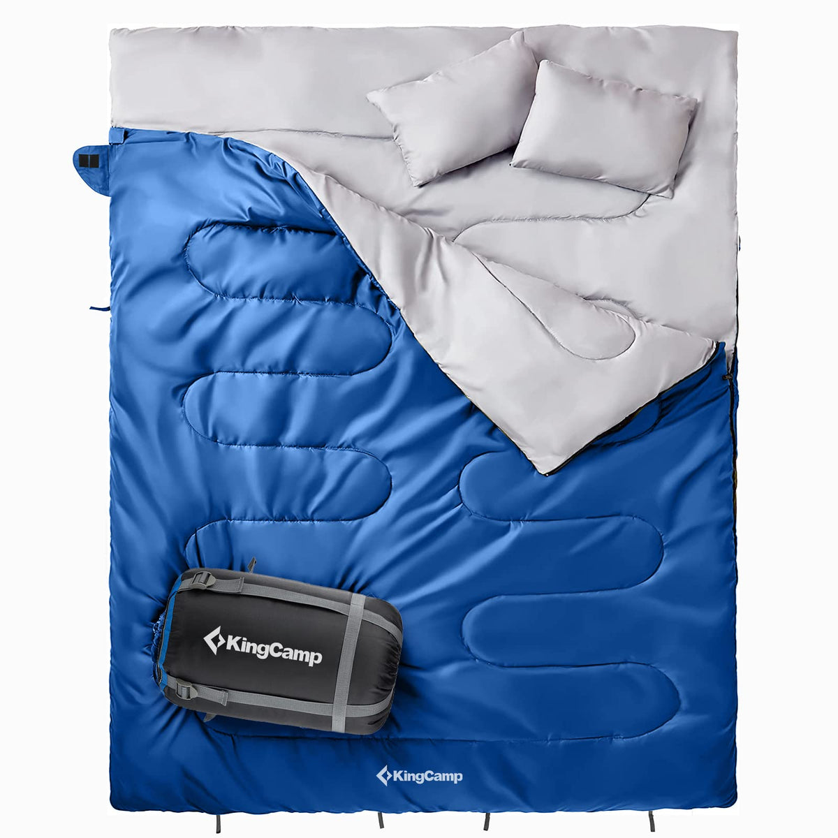 KingCamp two-person sleeping bag open shows shared comfort for couples.