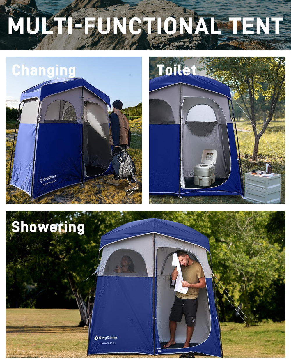 KingCamp two-room layout demonstrates separate wet and dry zones for comfortable changing