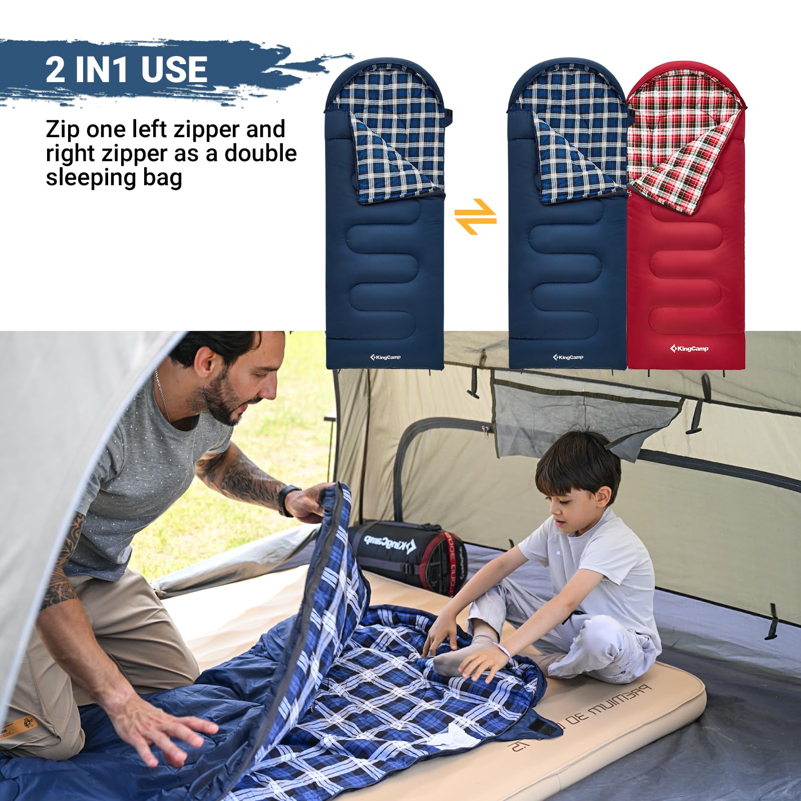 KingCamp sleeping bag features two-way zippers for easy pairing or conversion to blanket.