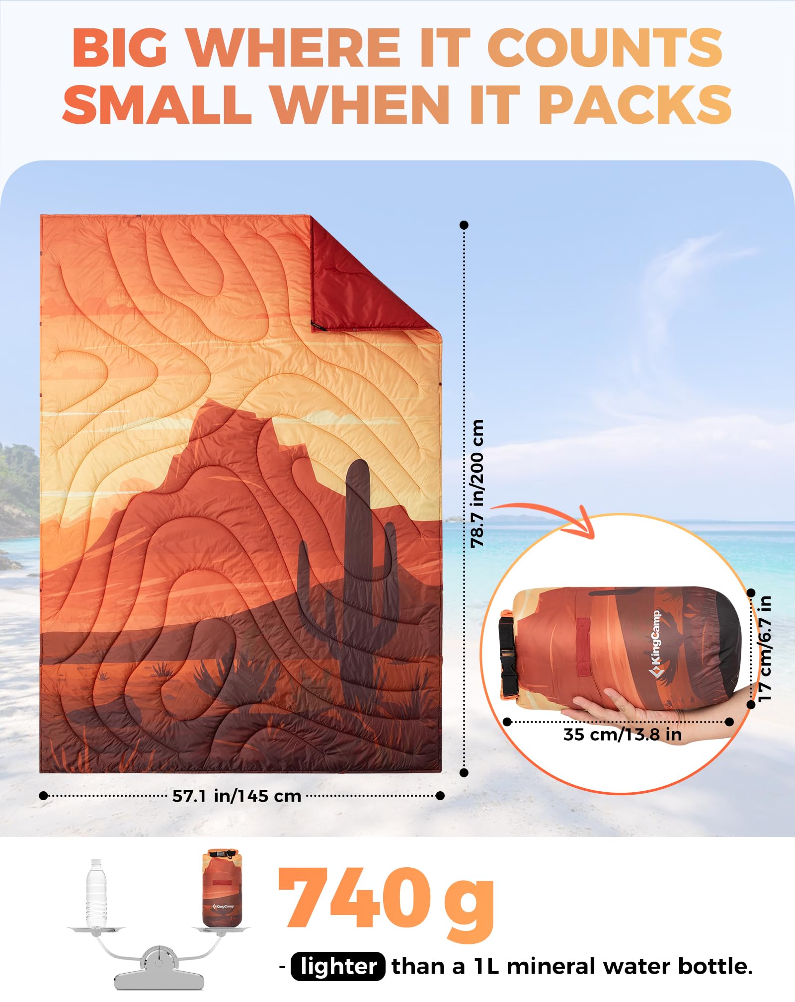 KingCamp ultralight blanket fully opened to cover a person at a campsite