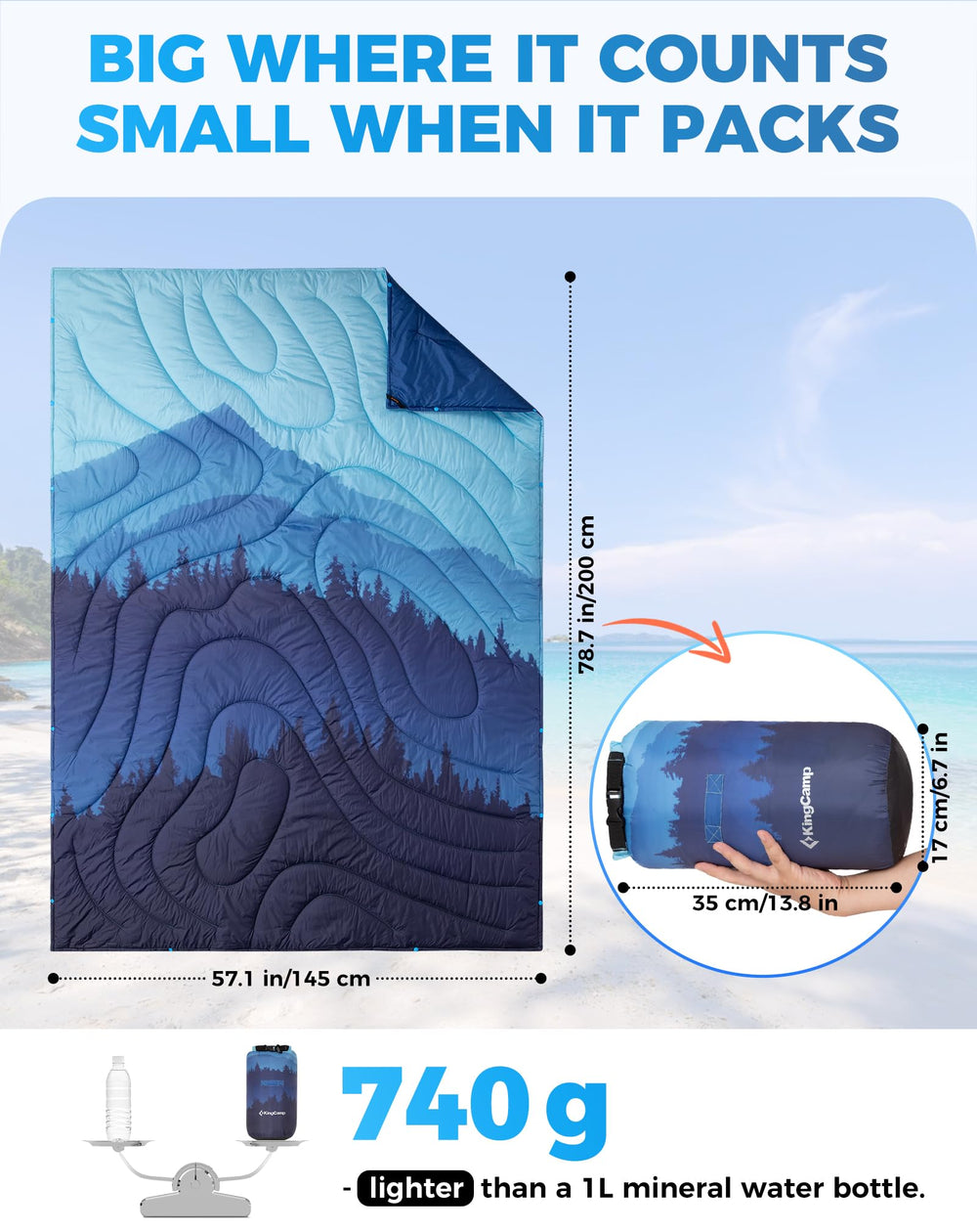 KingCamp ultralight blanket fully unfolded offering roomy outdoor coverage