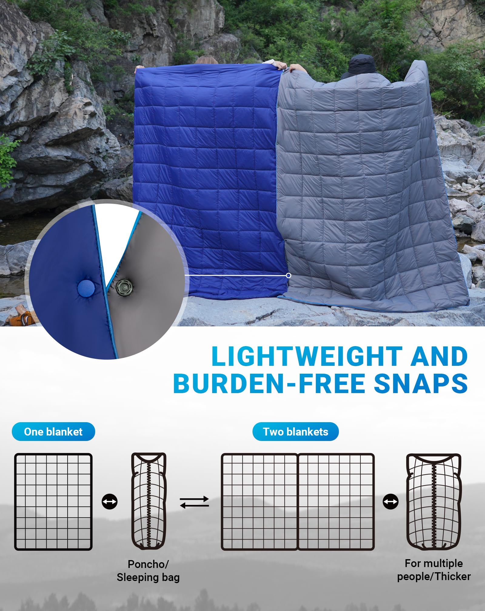 KingCamp ultralight blanket spread over two people, providing extra-large coverage.