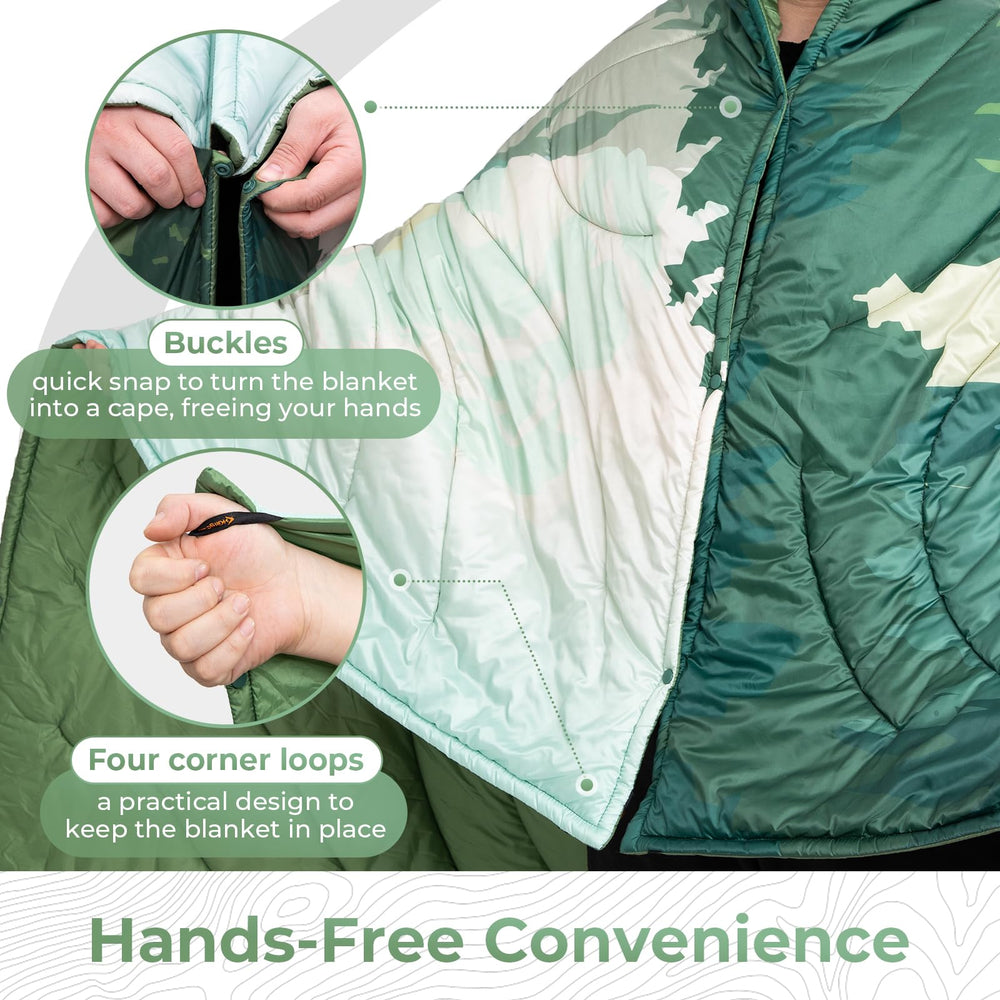 KingCamp ultralight blanket worn outdoors shows wearable cape design.