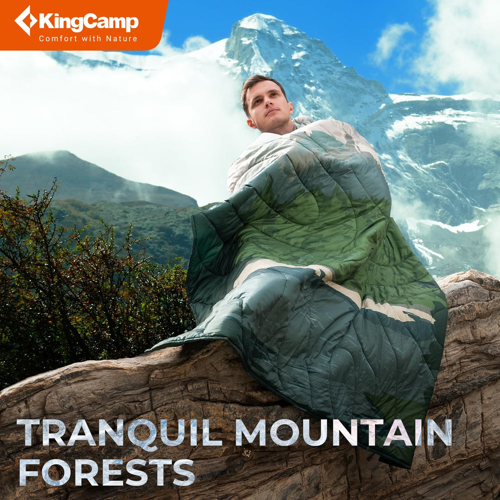 KingCamp ultralight blanket worn with snap buttons demonstrates hands-free warmth.