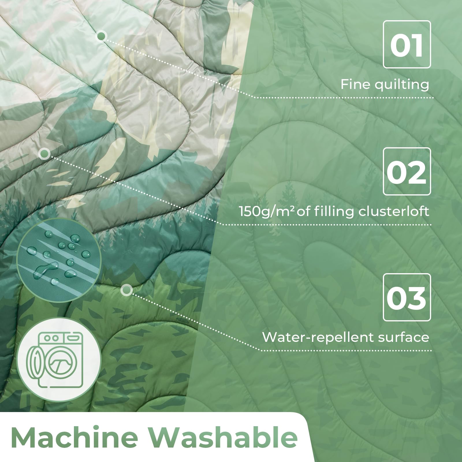 KingCamp ultralight blanket close-up highlights windproof shell and DWR finish.