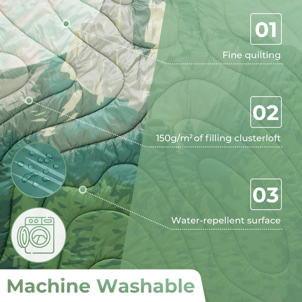 KingCamp ultralight blanket close-up highlights windproof shell and DWR finish.