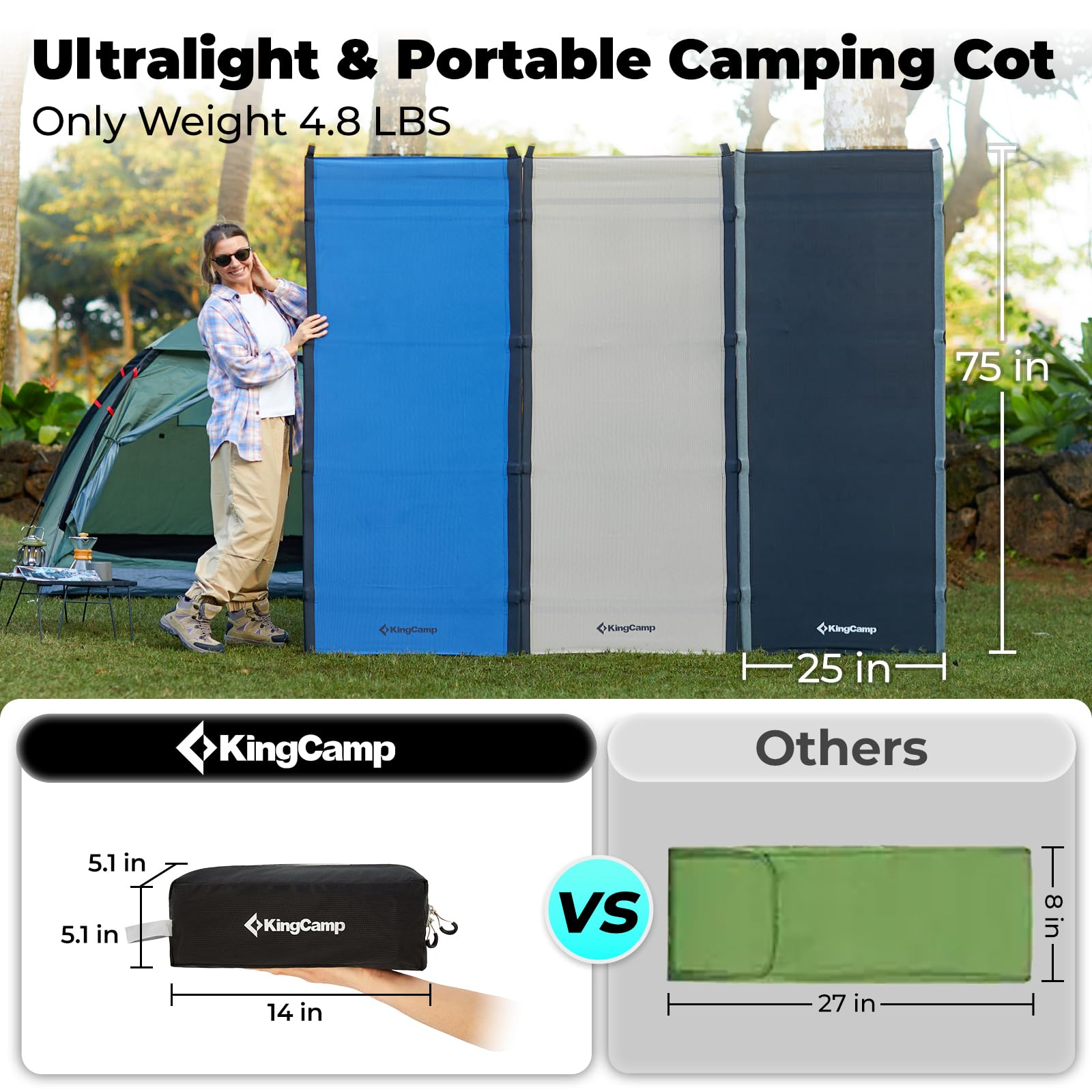 KingCamp ultralight cot with built in pillow for outdoor sleep