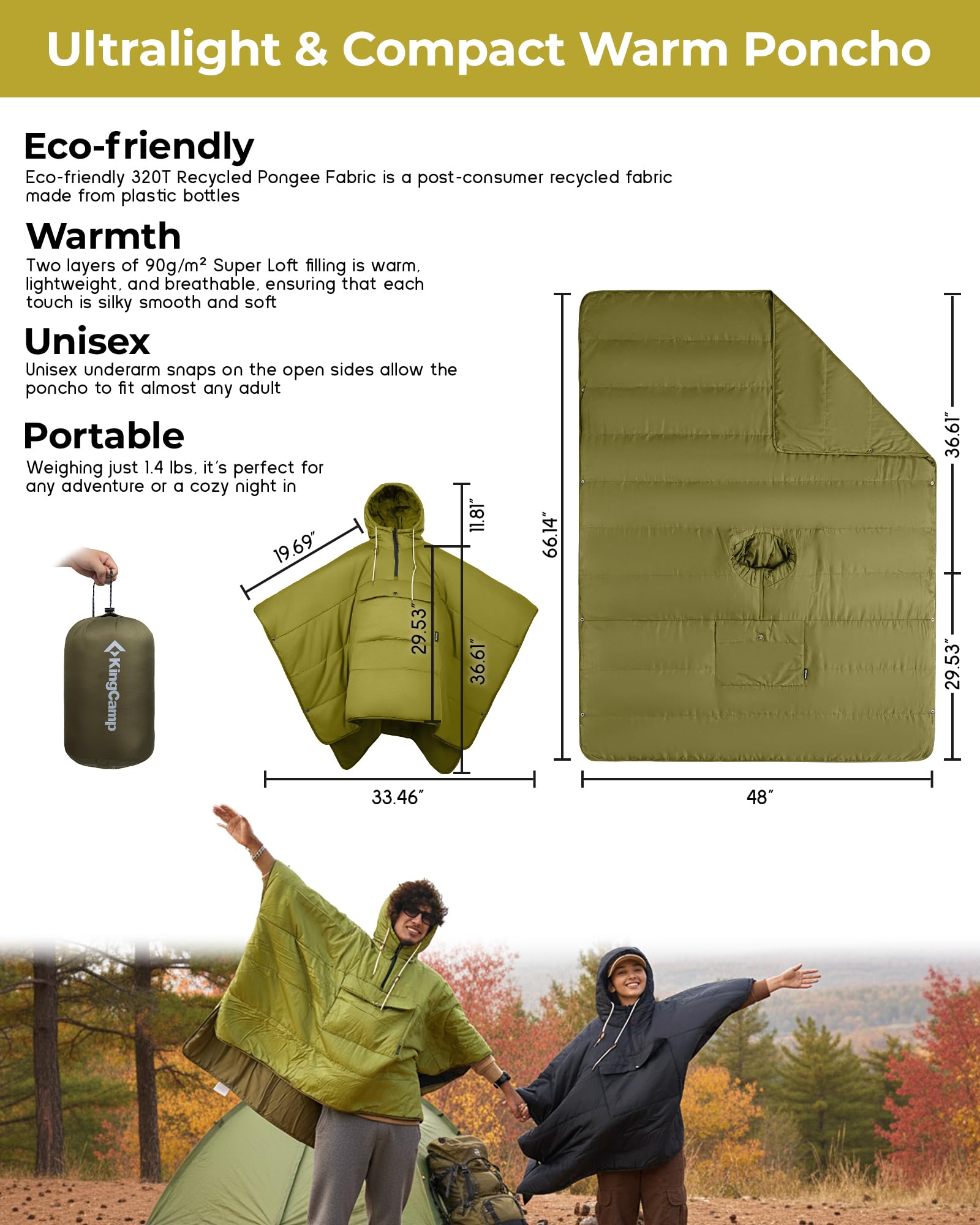 KingCamp wearable hoodie poncho worn as poncho for hands-free warmth outdoors