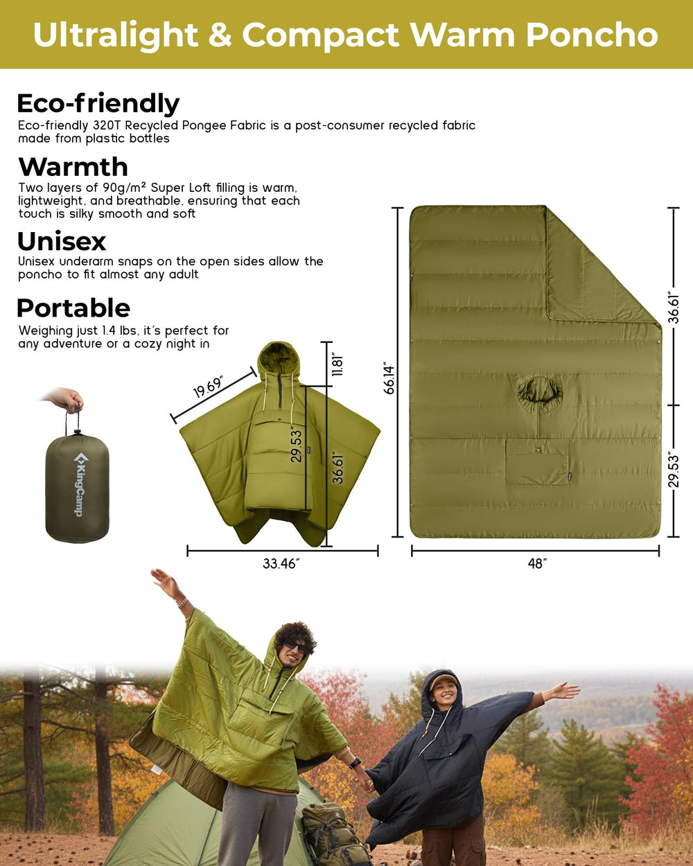 KingCamp wearable hoodie poncho worn as poncho for hands-free warmth outdoors