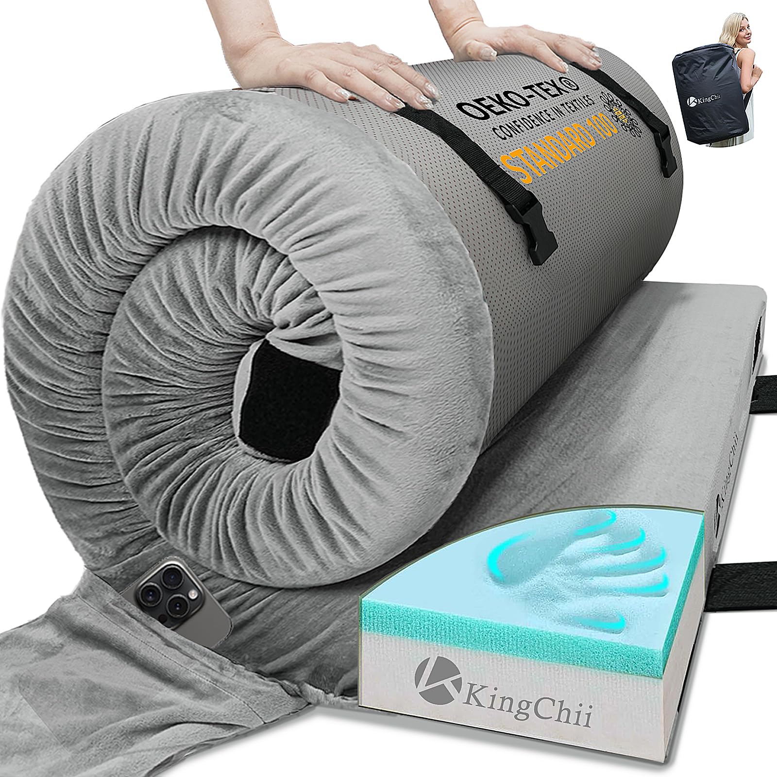 KingChii CertiPUR memory foam layer shows extra support for camping comfort.