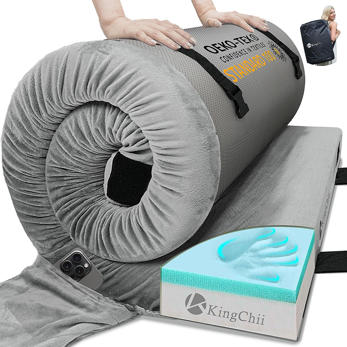 KingChii CertiPUR memory foam layer shows extra support for camping comfort.