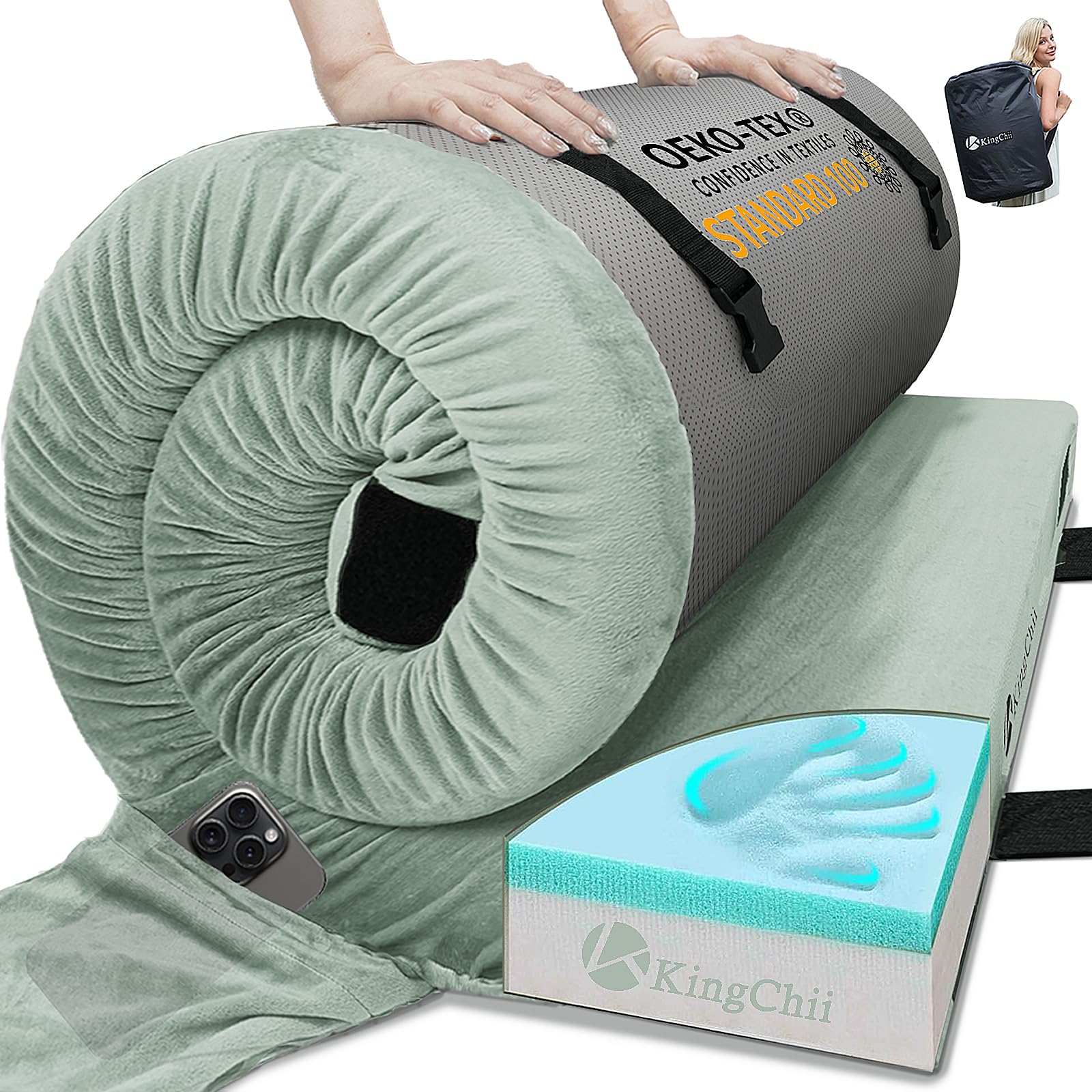 KingChii memory foam camping mattress rolled in its carry bag for easy portability