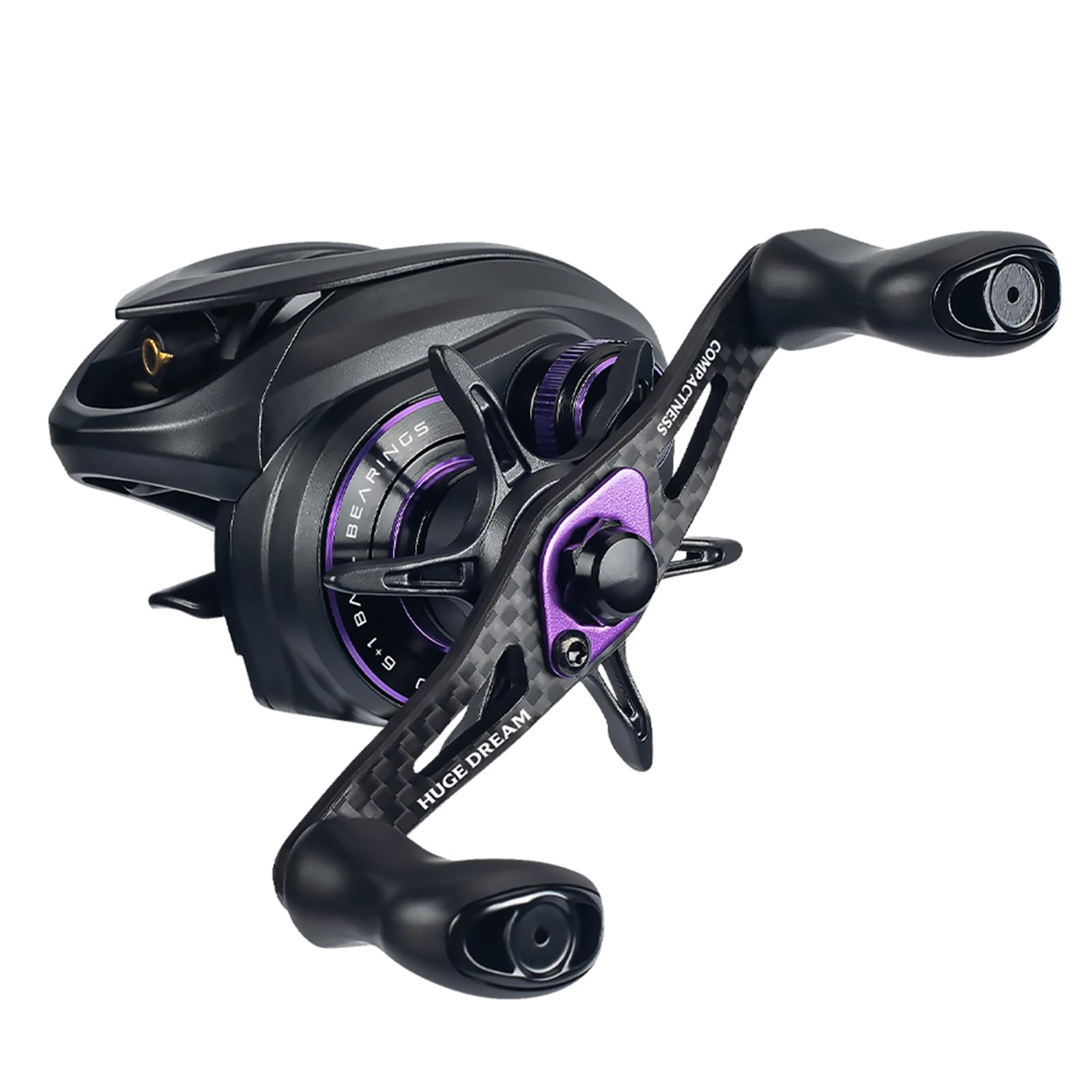 Kingdom Micro Pro baitcasting reel front view showing compact profile for comfortable fishing.