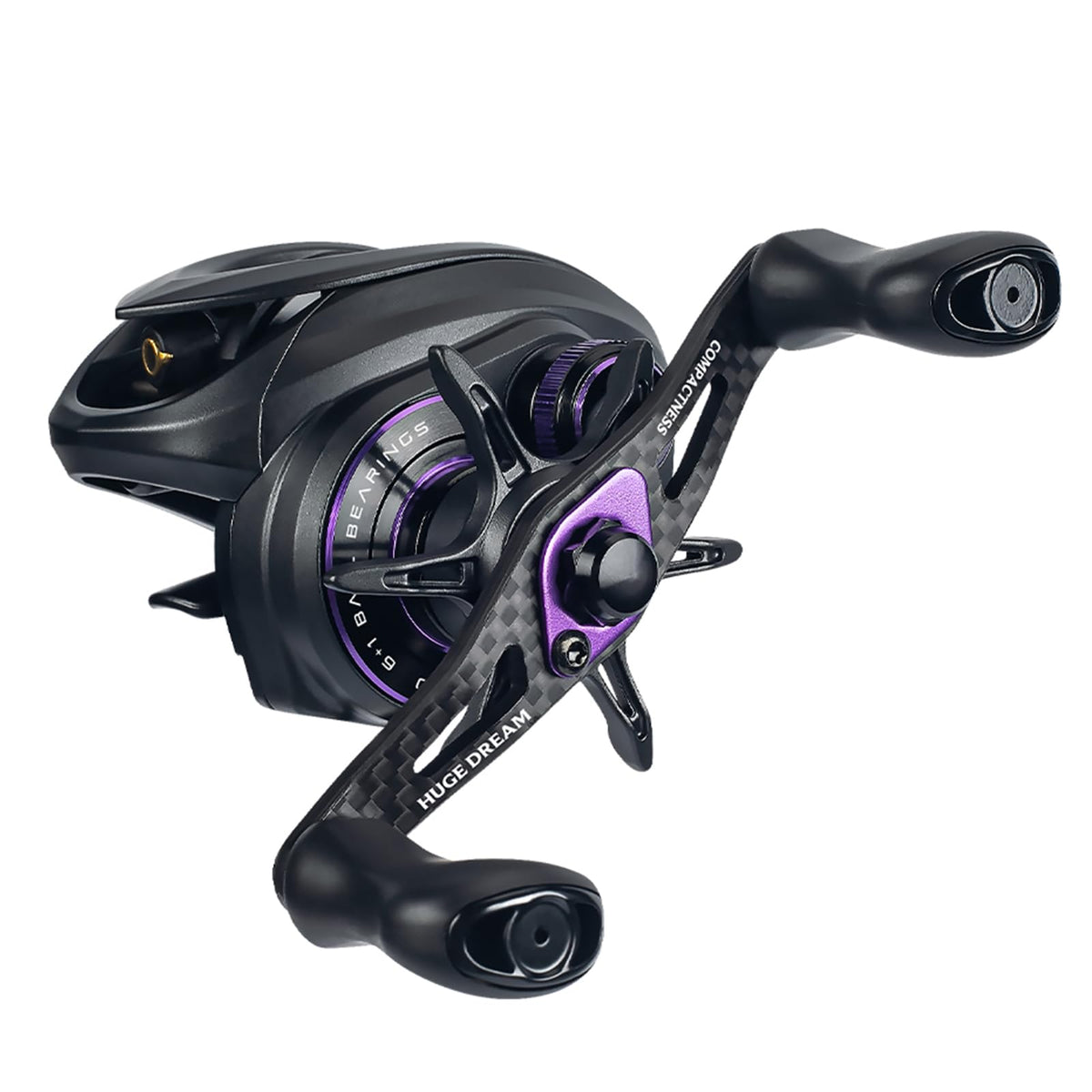 Kingdom Micro Pro baitcasting reel front view showing compact profile for comfortable fishing.