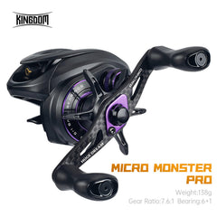 Kingdom Micro Pro baitcasting reel side view highlighting smooth lines and ergonomics.