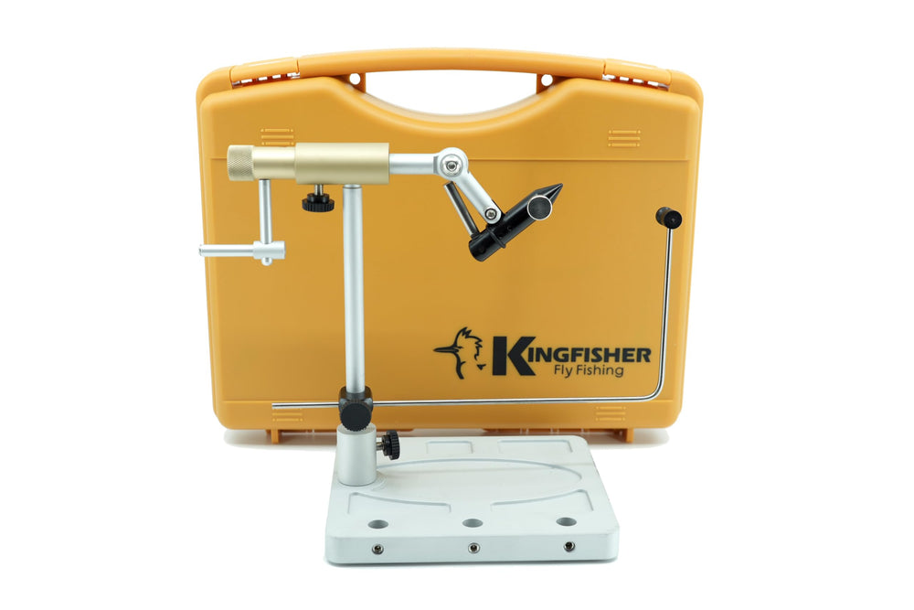 Kingfisher Clarkfork vise with rotary action for smooth fly tying.