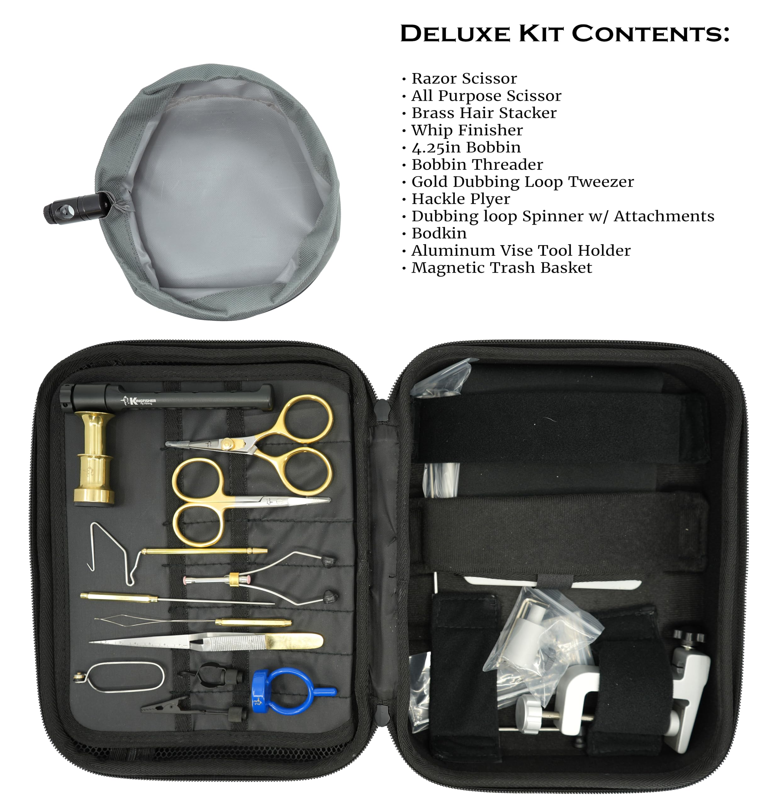 Kingfisher Fly Fishing Clarkfork vise deluxe kit tools arranged for organized tying
