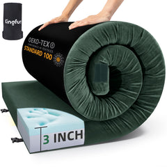Kingfun 3-inch memory foam camping mattress rolled in travel bag for easy transport.