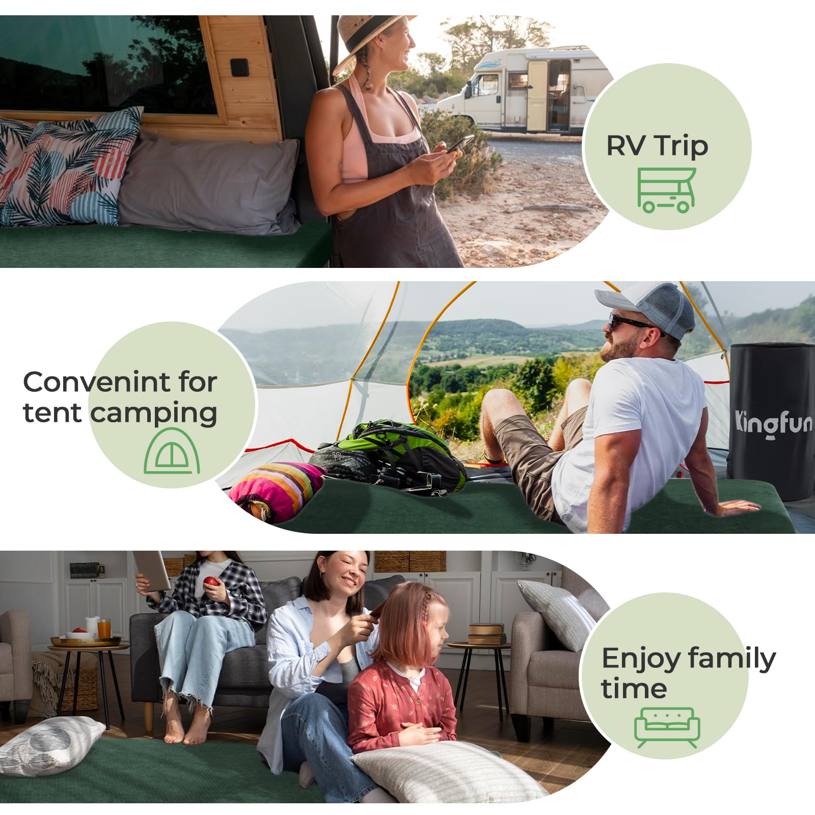Kingfun camping mattress in car and tent setups for versatile sleeping.