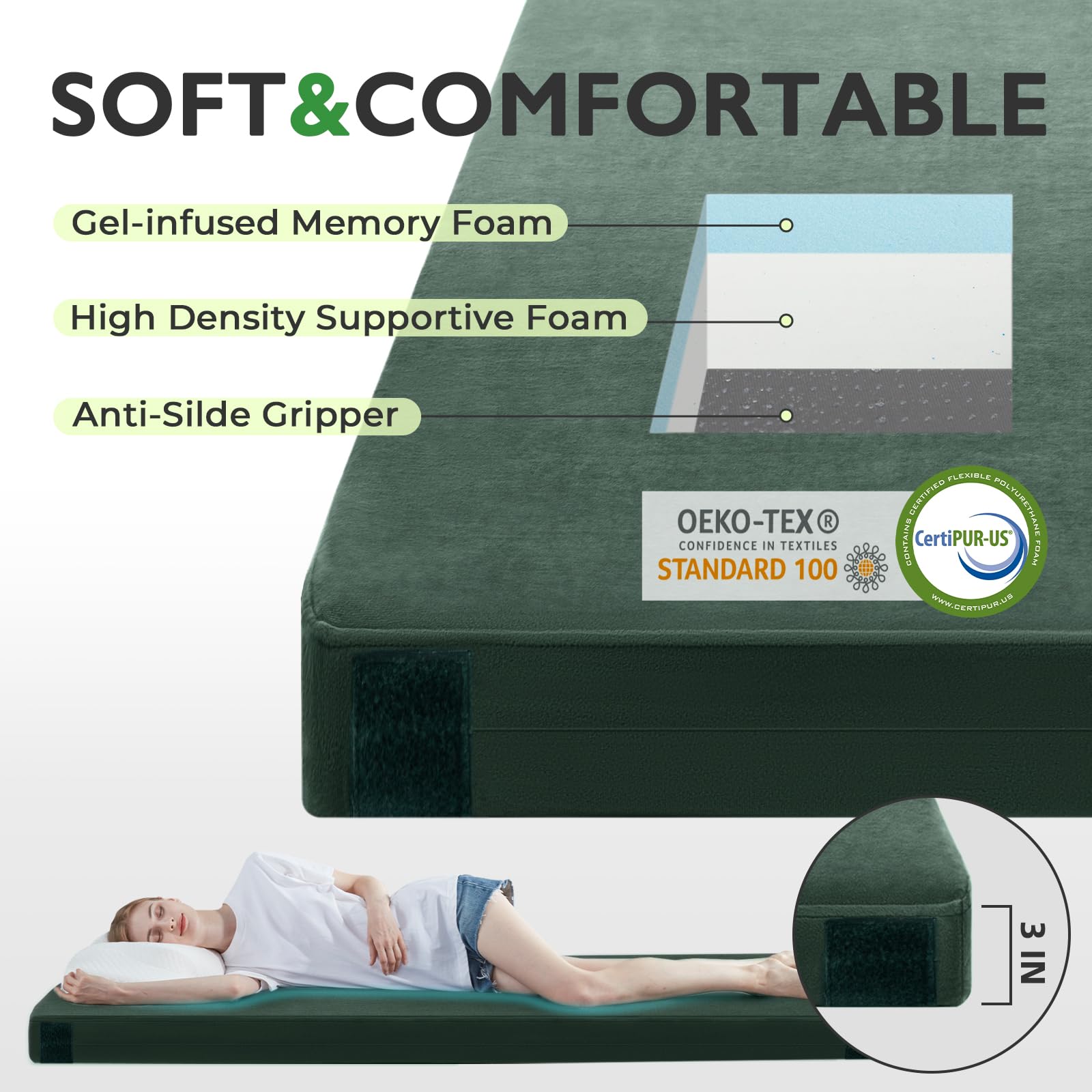 Close-up of gel-infused memory foam layer delivering balanced comfort and support.