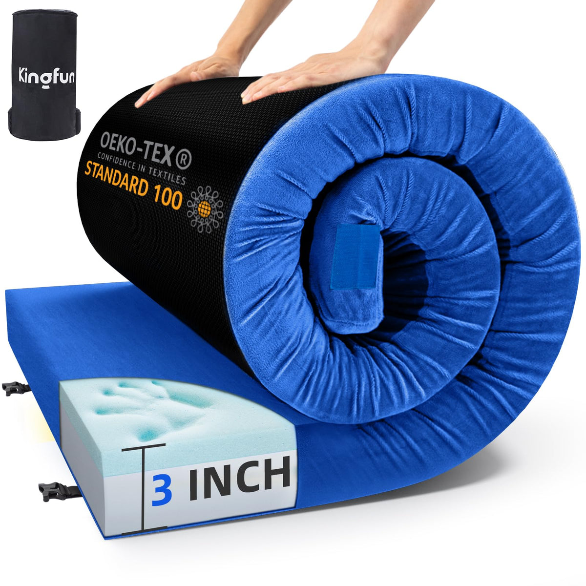 Kingfun memory foam camping mattress roll-up design for easy transport and setup.