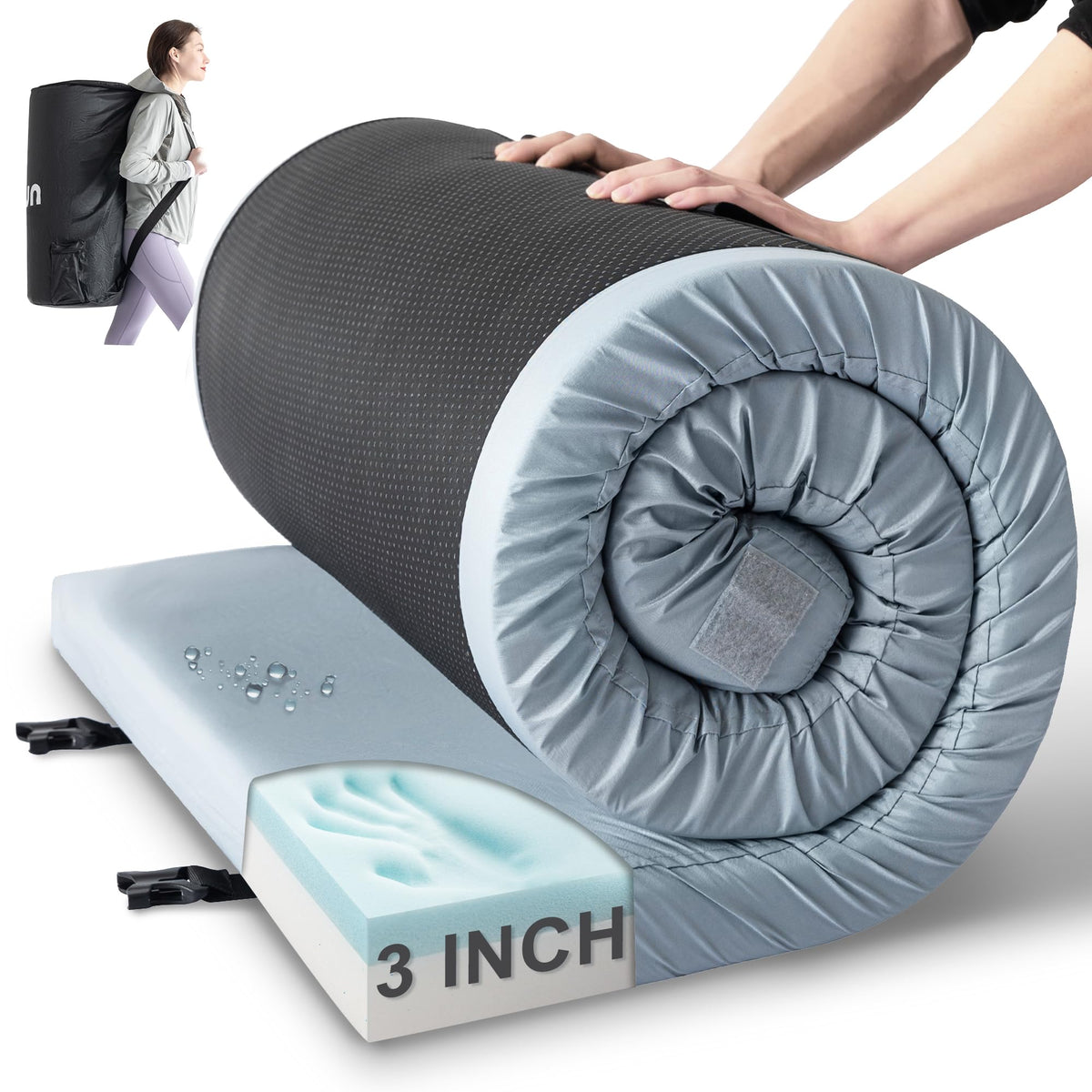 Kingfun memory foam camping pad cover shows a waterproof surface for easy outdoor cleaning.