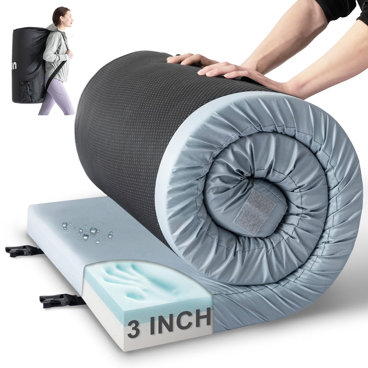 Kingfun memory foam camping pad cover shows a clean waterproof surface for damp ground, durable moisture protection.