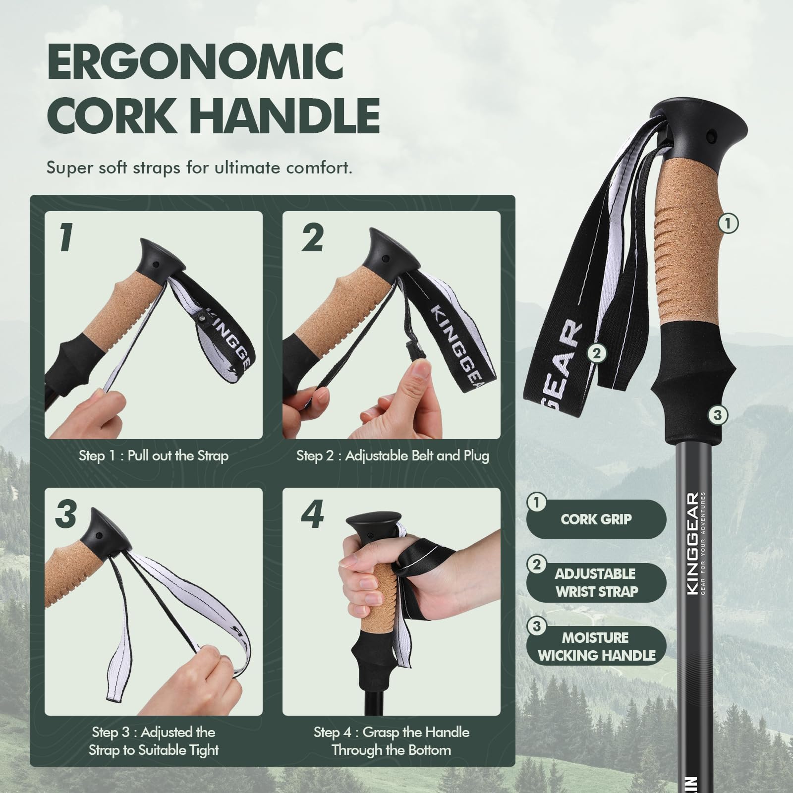 KINGGEAR Nordic Walking Stick TP1 snow basket included for winter use