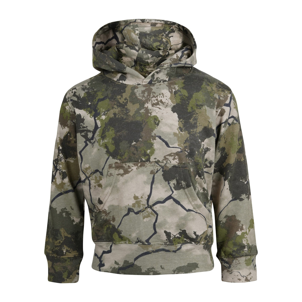 King's Camo KCK215 kids hoodie front view with Desert Shadow camo for outdoor concealment and warmth.