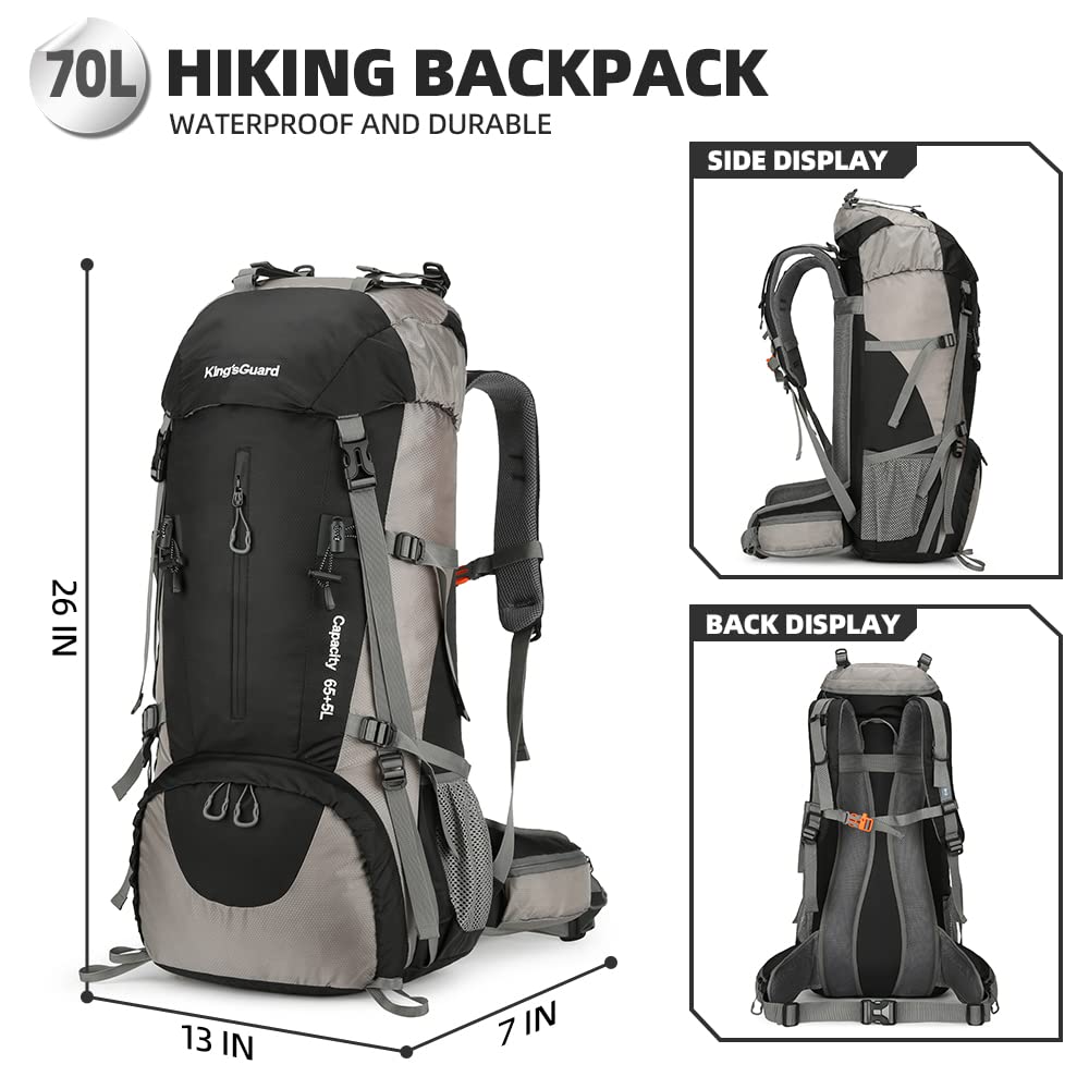 KingsGuard 70L backpack side view with quick-access pocket for essentials.