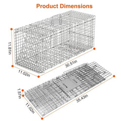 KinWarmth Trap Cage rear door release illustrates safe release option after capture.