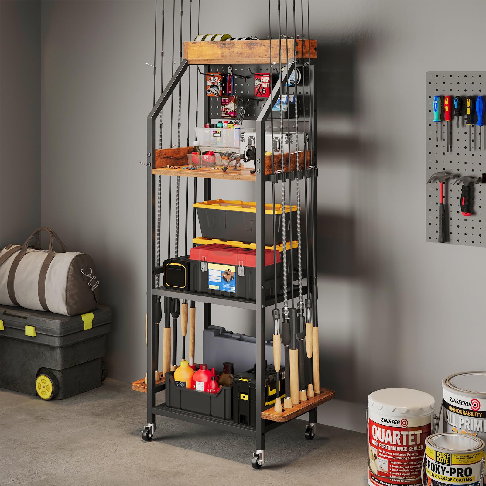 KITIVIALA 12-rod storage keeps rods upright and tangle-free in the garage.