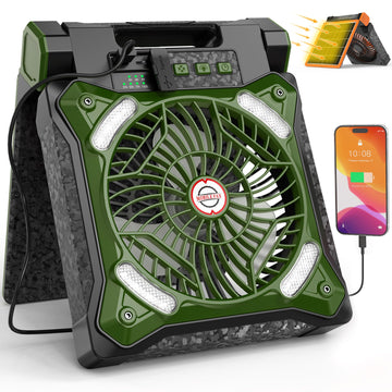 KITWLEMEN solar camping fan folded compact for portable cooling on trips.
