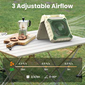 KITWLEMEN desk fan in-use at a campsite provides adjustable airflow