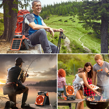 KITWLEMEN solar camping fan 18h run time image emphasizes long-lasting cooling on low.