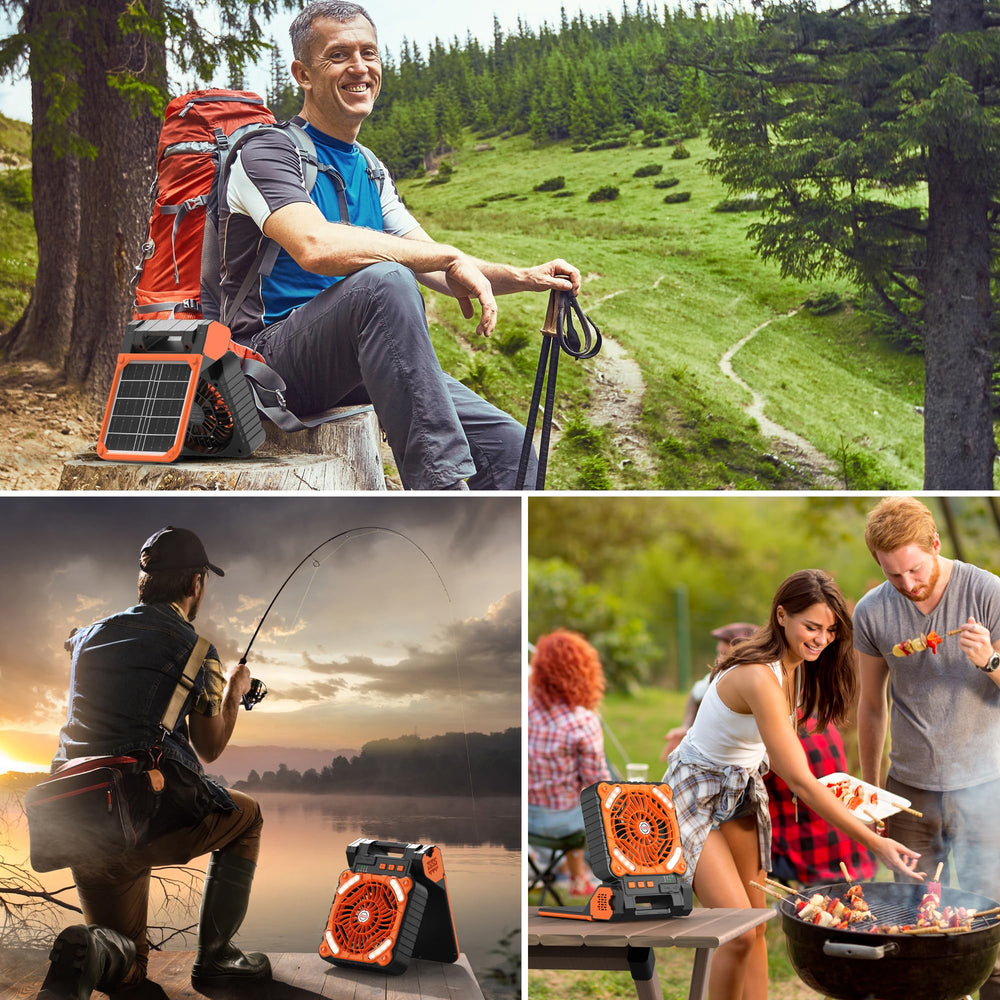 KITWLEMEN solar camping fan 18h run time image emphasizes long-lasting cooling on low.