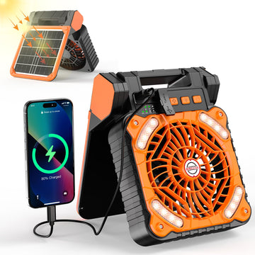 KITWLEMEN solar camping fan front view highlights compact design ideal for tents and backpacks.