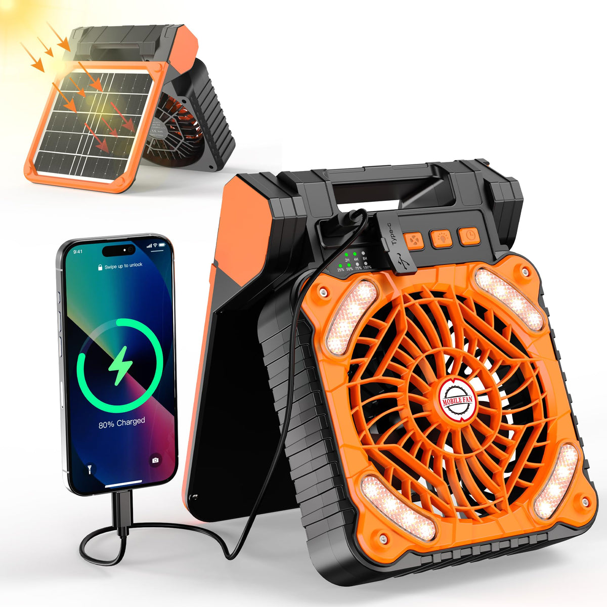 KITWLEMEN solar camping fan front view highlights compact design ideal for tents and backpacks.