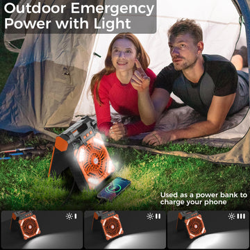 KITWLEMEN solar camping fan lantern brightness levels image highlights three lantern settings for night use.