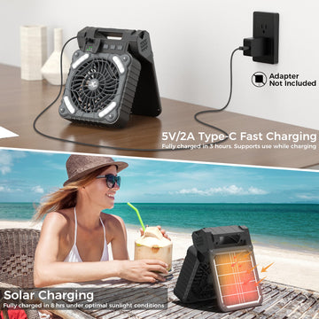 KITWLEMEN Solar Camping Fan with lantern brightens a tent.