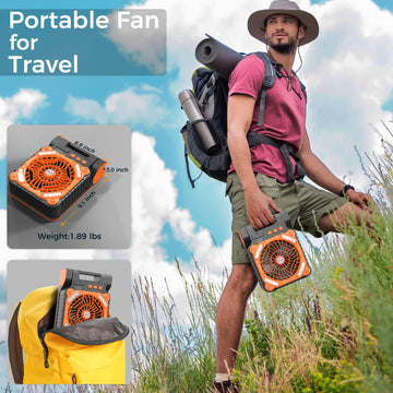 KITWLEMEN solar camping fan outdoors in use reflects lightweight carry and backpack-friendly design.