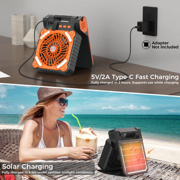 KITWLEMEN solar camping fan tilted 90 degrees demonstrates versatile airflow during outdoor activities.