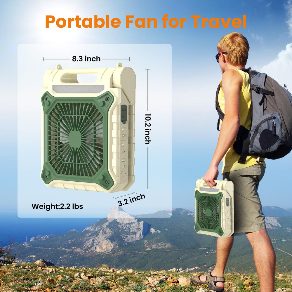 KITWLEMEN solar panel and fan setup demonstrates self-powered cooling during outdoor adventures
