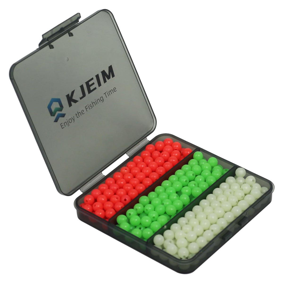 KJEIM Glow-in-the-Dark Fishing Beads box with 6mm, 8mm, and 10mm sizes
