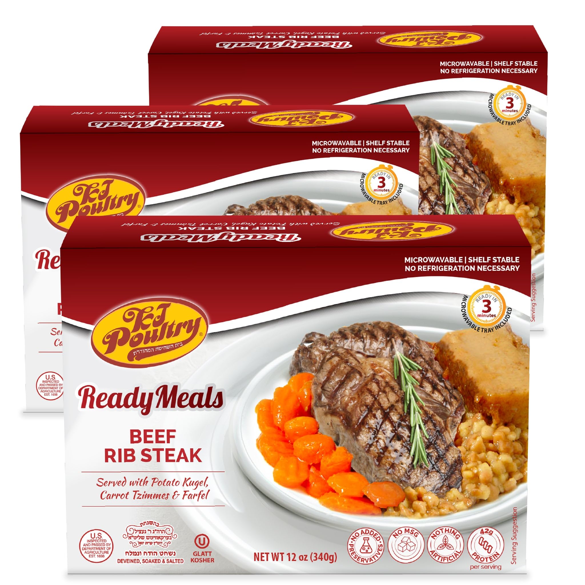 KJ Poultry kosher ready meals rib steak kugel packaging offers convenient, shelf-stable Shabbos meals.