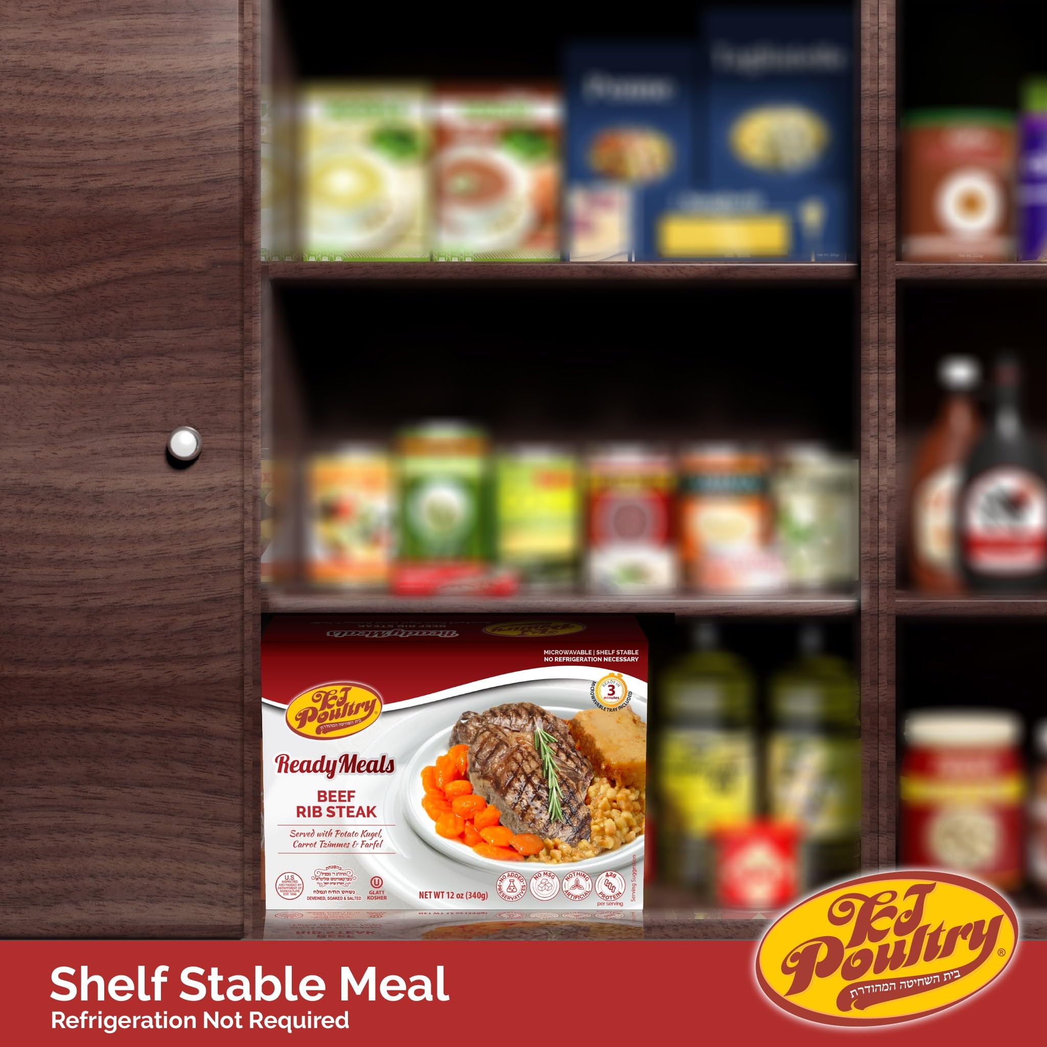 KJ Poultry shelf-stable entrees indicating up to 3-year shelf life when undamaged