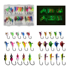 KJEIM 30-piece glow ice fishing jigs kit - 6 shapes and colors